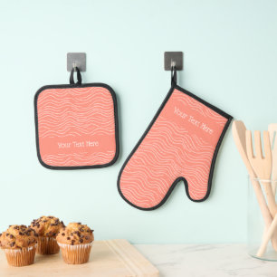 Whimsical Peach and White Wavy Striped Scribbles Oven Mitt & Pot Holder Set