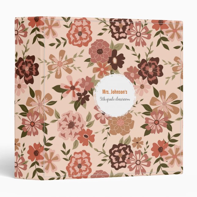 Whimsical Peach Brown Floral Pattern Binder (Front/Spine)