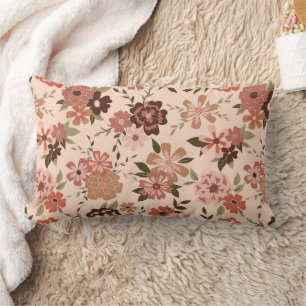 Whimsical Peach Brown Floral Pattern Lumbar Pillow