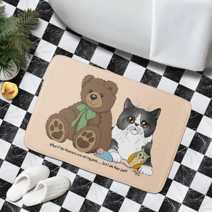 Whimsical Peach Cute Grey Cat Teddy Bear Humour Bath Mat