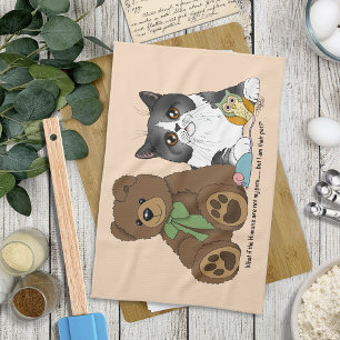 Whimsical Peach Cute Grey Cat Teddy Bear Humour Kitchen Towel