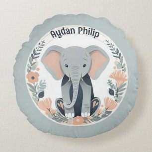 Whimsical Peach & Grey Baby Elephant Round Pillow