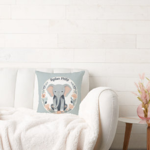 Whimsical Peach & Grey Baby Elephant Throw Pillow