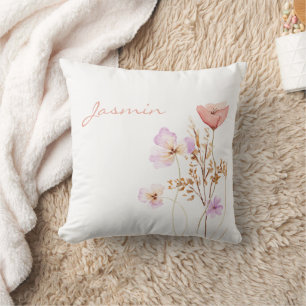 Whimsical Peach Lilac Wildflowers Name Throw Pillow