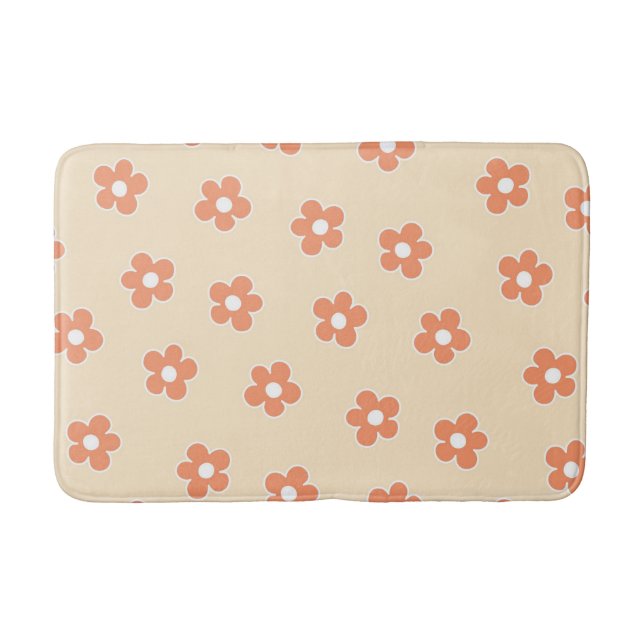 Whimsical Peach & Orange Floral Retro, Cheerful, Bath Mat (Front)