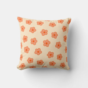 Whimsical Peach & Orange Floral Retro, Cheerful Throw Pillow