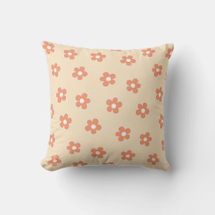 Whimsical Peach & Orange Floral Retro, Cheerful Throw Pillow