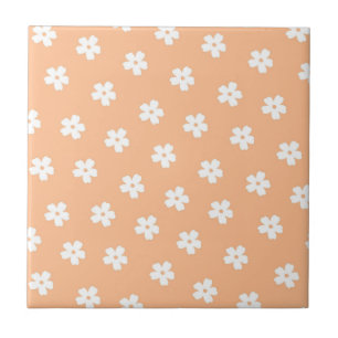 Whimsical Peach & White Floral Retro, Cheerful Tile