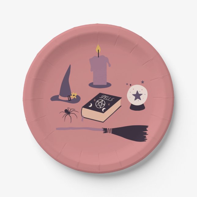 Whimsical peachy pink witch themed paper plate (Front)