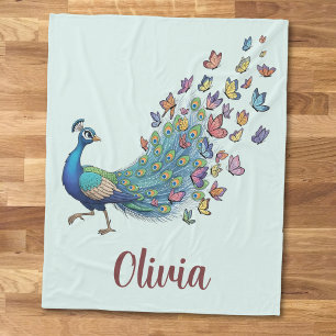 Whimsical Peacock and Butterfly Fleece Blanket