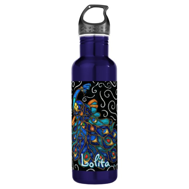 Whimsical Peacock Chalk Pastel Bird Personalized 710 Ml Water Bottle (Front)