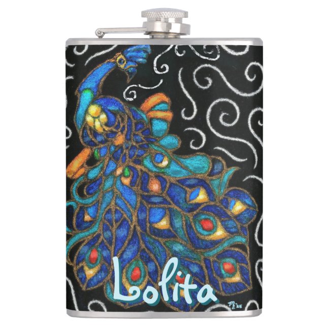 Whimsical Peacock Chalk Pastel Bird Personalized Hip Flask (Front)