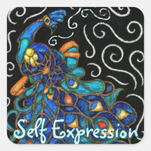 Whimsical Peacock Chalk Pastel Bird Personalized Square Sticker