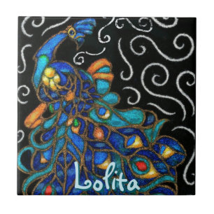 Whimsical Peacock Chalk Pastel Bird Personalized Tile