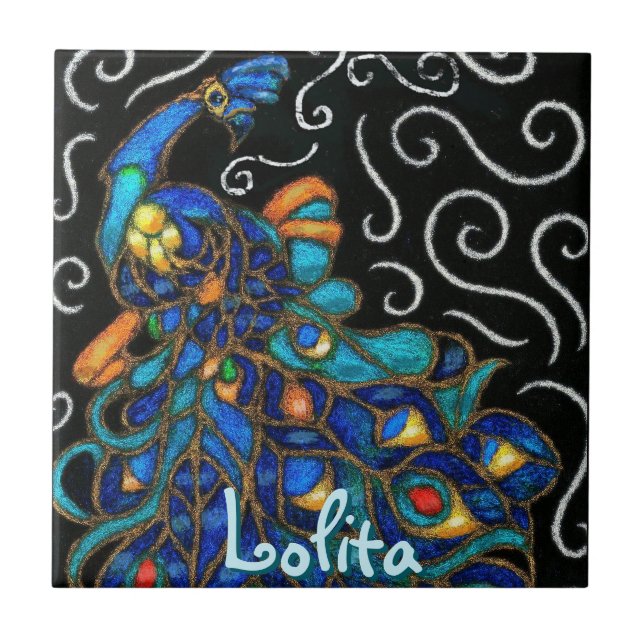 Whimsical Peacock Chalk Pastel Bird Personalized Tile (Front)