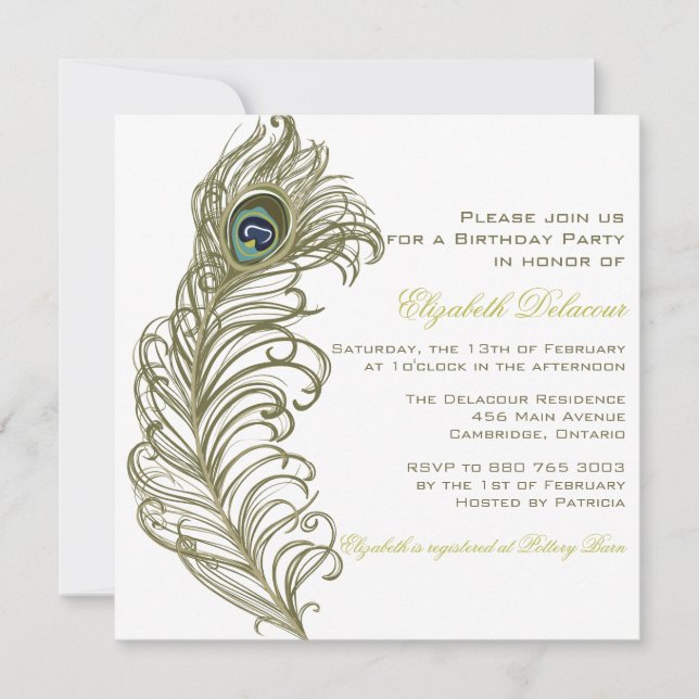 Whimsical Peacock Feather Anniversaire Invitation (Devant)