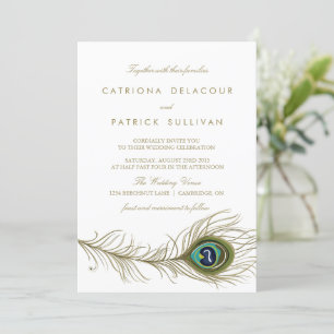 Whimsical Peacock Feather Art Deco Wedding Invitation