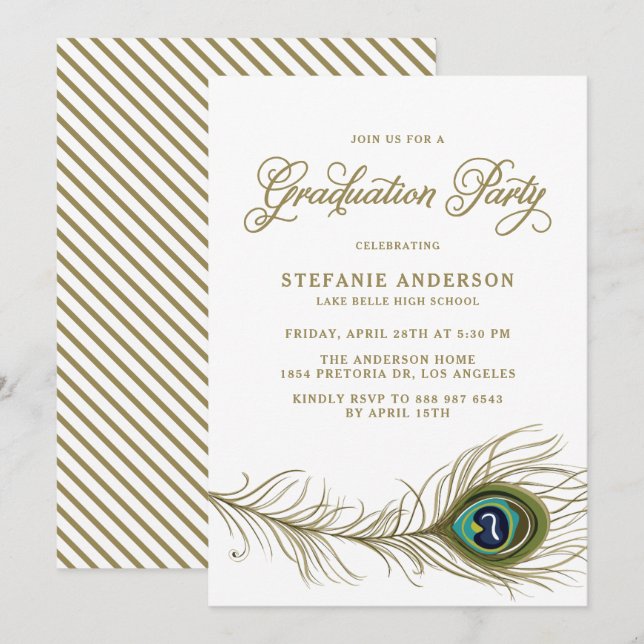 Whimsical Peacock Feather Graduation Party Invitation (Front/Back)