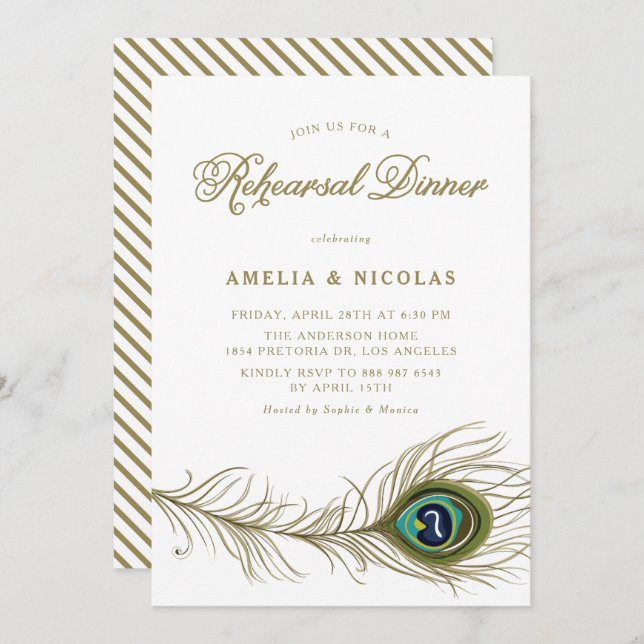 Whimsical Peacock Feather Rehearsal Dinner Invitation (Front/Back)