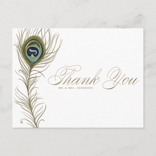 Whimsical Peacock Feather Thank You Postcard (Front)