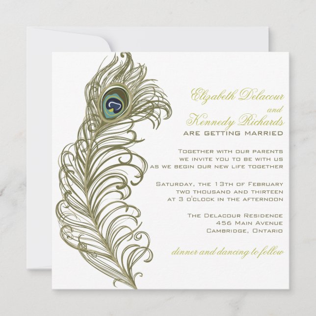Whimsical Peacock Feather Wedding Invitation (Front)