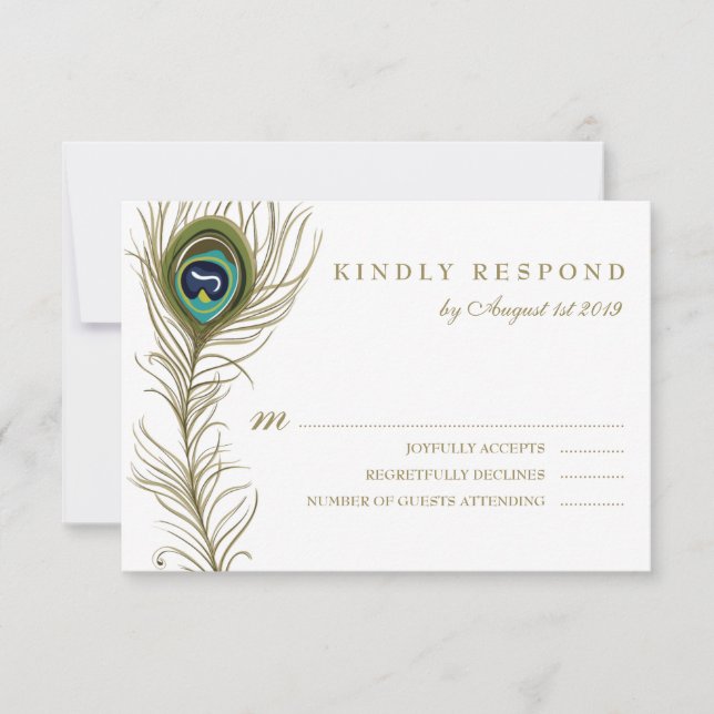 Whimsical Peacock Feather Wedding RSVP Card (Front)