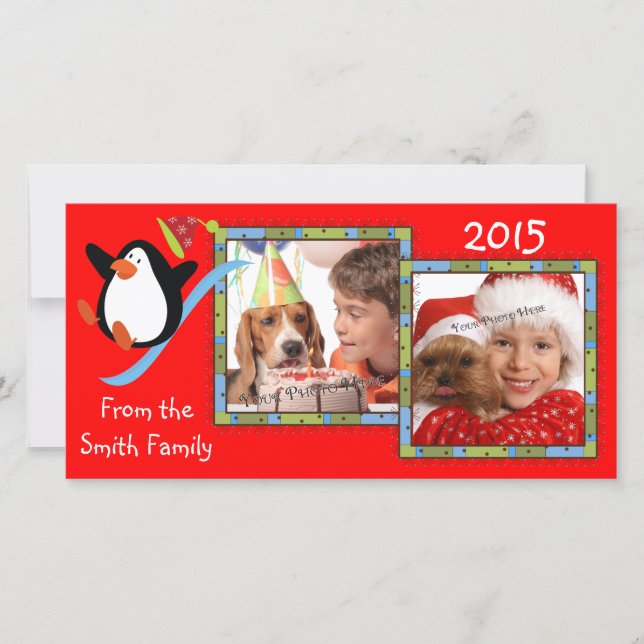 Whimsical Penguin 2 Photo Holiday Cards (Front)