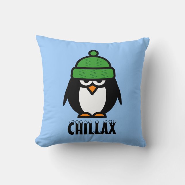 Whimsical penguin cartoon throw pillow | chillax (Front)