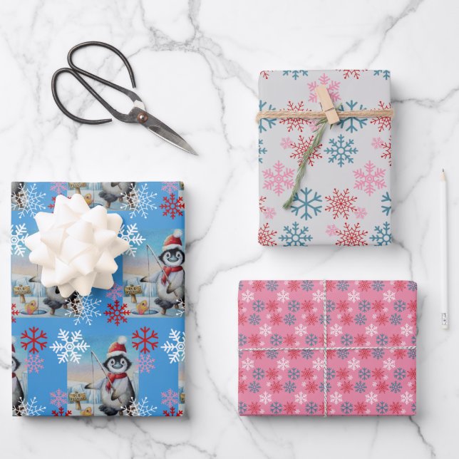 Whimsical Penguin Ice Fishing Watercolor Art Wrapping Paper Sheet (Front)