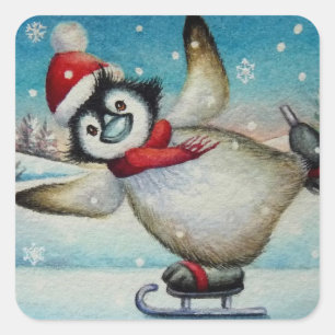 Whimsical Penguin Ice Skating Watercolor Art Square Sticker
