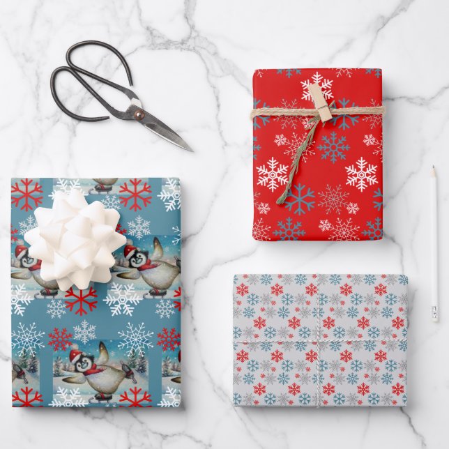 Whimsical Penguin Ice Skating Watercolor Art Wrapping Paper Sheet (Front)