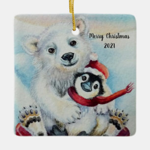 Whimsical Penguin & Polar Bear Watercolor Art Ceramic Ornament