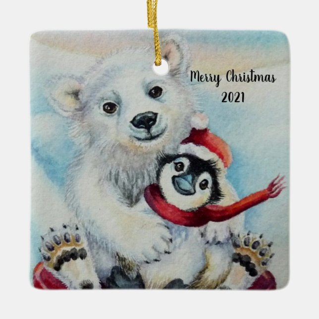Whimsical Penguin & Polar Bear Watercolor Art Ceramic Ornament (Front)