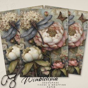 Whimsical Peony & Dragonfly Ephemera Decoupage  Tissue Paper