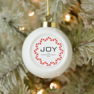 Whimsical Peppermint Frame Joy Family Chrismat Ceramic Ball Christmas Ornament