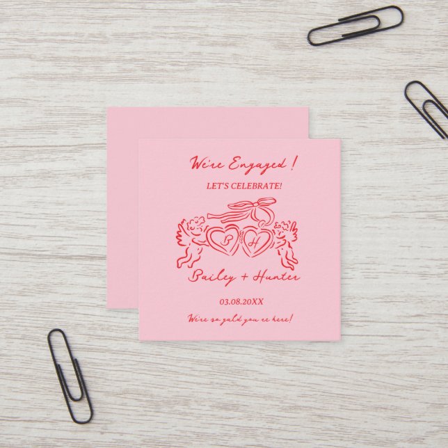 Whimsical Personalized Engagement couple Sign Square Business Card (Front/Back In Situ)