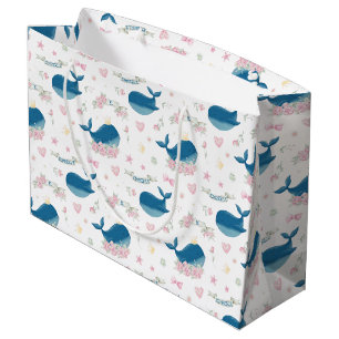 Whimsical Personalized Floral Whale Large Gift Bag