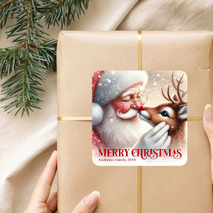 Whimsical Personalized Santa and Rudolph Holiday  Square Sticker