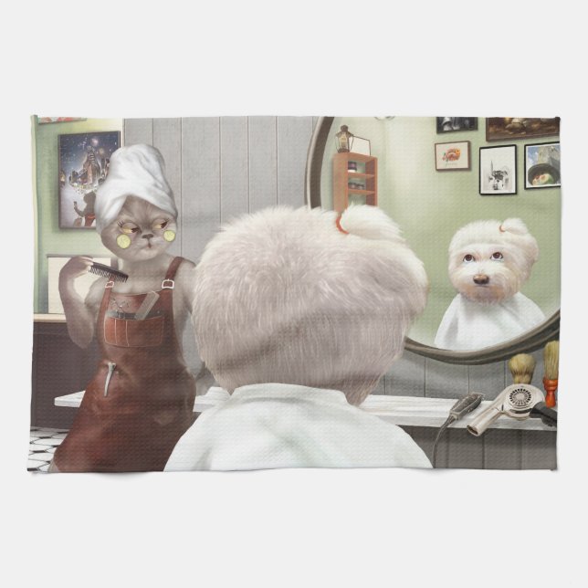 Whimsical Pet Barber Shop Kitchen Towel (Horizontal)