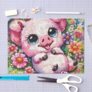 Whimsical Pig Piglet Flowers Decoupage Tissue Paper