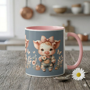 Whimsical Piglet in Pastel Overalls Blue Mug