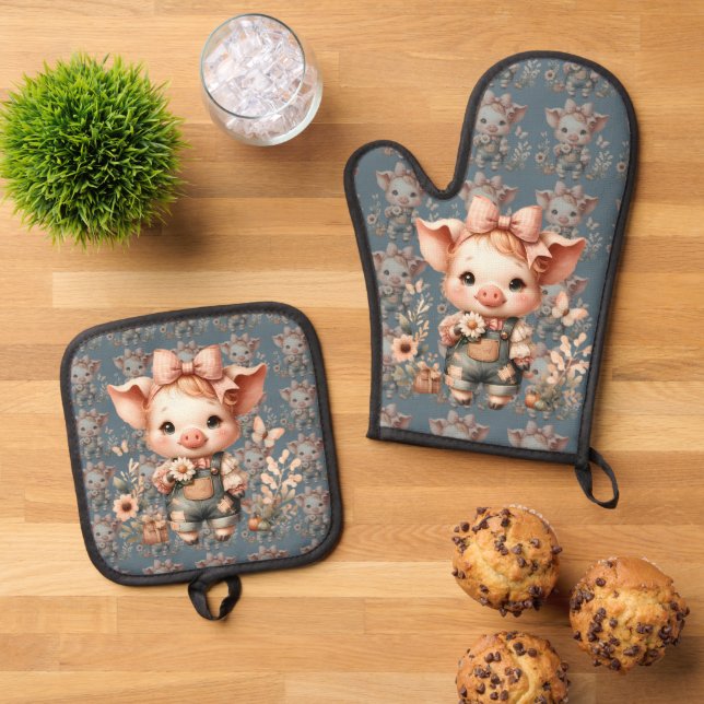 Whimsical Piglet in Pastel Overalls Blue Oven Mitt & Pot Holder Set (Top Down)