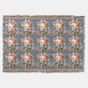 Whimsical Piglet in Pastel Overalls Blue Throw Blanket
