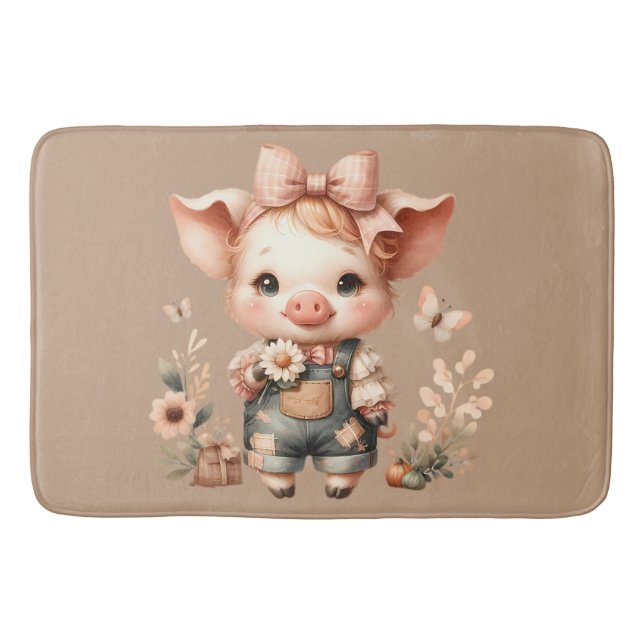 Whimsical Piglet in Pastel Overalls Brown Bath Mat (Front)