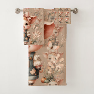 Whimsical Piglet in Pastel Overalls Brown Bath Towel Set