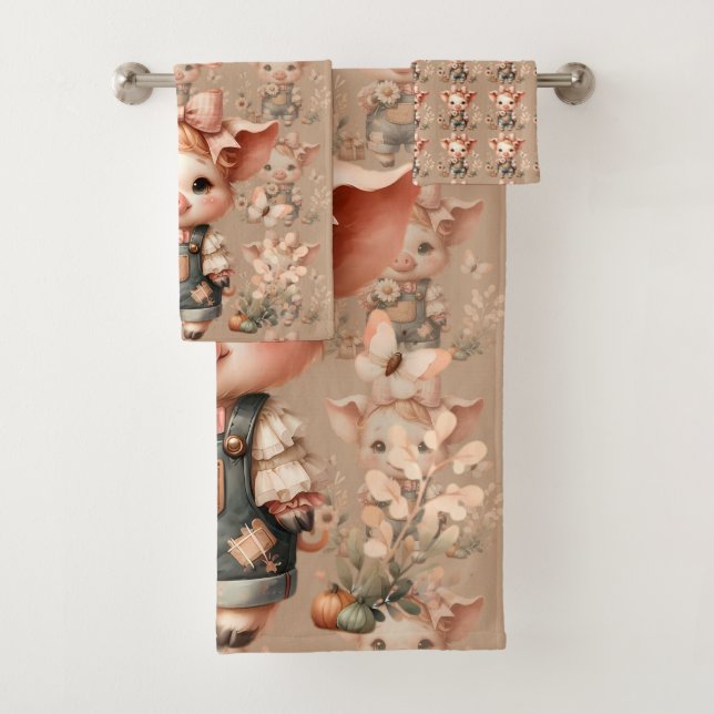 Whimsical Piglet in Pastel Overalls Brown Bath Towel Set (Insitu)