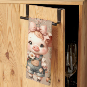 Whimsical Piglet in Pastel Overalls Brown Kitchen Towel