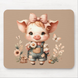 Whimsical Piglet in Pastel Overalls Brown Mouse Pad