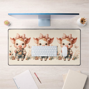 Whimsical Piglet in Pastel Overalls Peach Desk Mat