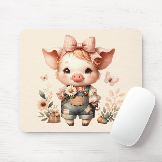 Whimsical Piglet in Pastel Overalls Peach Mouse Pad (With Mouse)